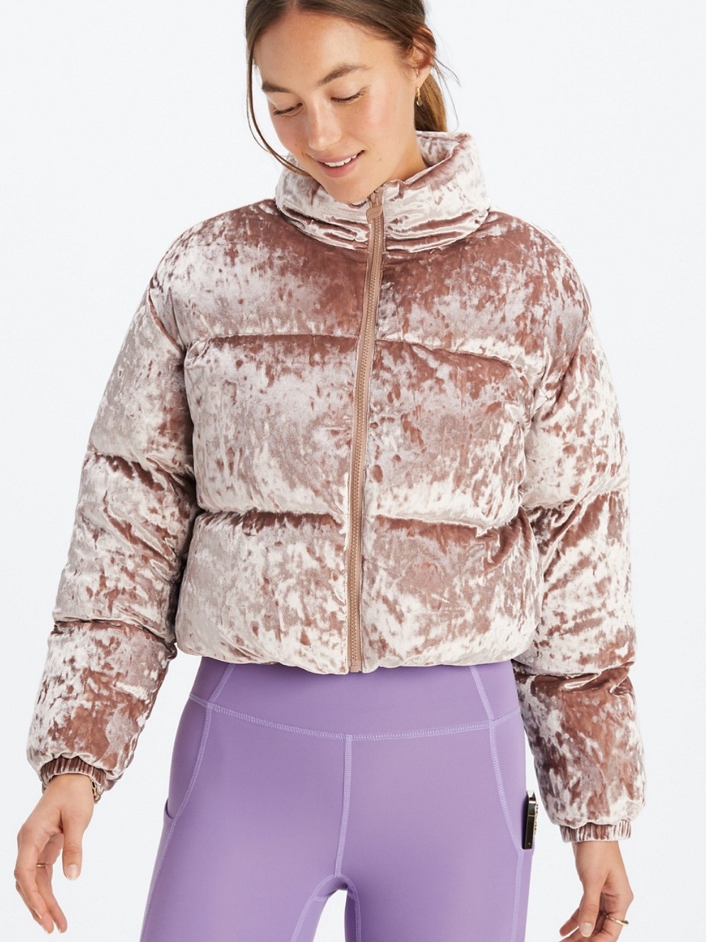 Fabletics Wander Crushed Velour Cropped Puffer Jacket - Blush Taupe Size XS
